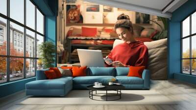 online shopping woman credit card computer girl laptop home smiling cyberspace connecting buying buy happy cat pet animal satisfaction client commerce living room sofa couch sitting relax Wall mural