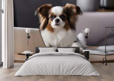 papillon spaniel dog cup laptop cute working breed coffee continental silver toy work goggles business animal background beagle browsing bulldog businessman businessperson computer concept desk Wall mural