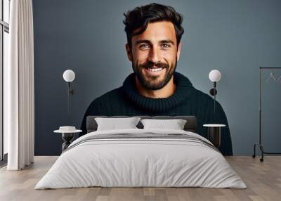 person Lucky face smile cool happy background white standing sweater casual wearing beard man handsome Young photogenic hispanic adult portrait isolated attractive male fashion attire winter studio Wall mural