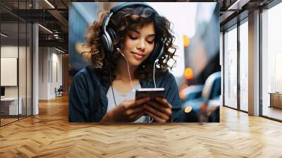 phone music listening girl african american afro alone america black blacktop casual attire city communication curly hair day downtown earphones enjoy enjoying female Wall mural