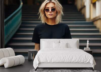 photography Street style clothing urban posing glasses tshirt black wearing girl blonde Stylish t-shirt woman female adult attractive background beautiful beauty blank blond casual attire caucasian Wall mural