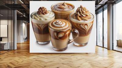 Richly textured latte macchiatos in varied flavors and creamy toppings sit isolated on a transparent background, boasting velvety swirls and artistic foam designs. Wall mural