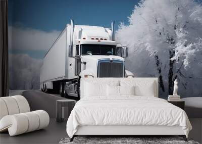 rig big technological reefer white truck winter semi trailer going hill frost road trees hauler freight trucking transportation bonnet expressway transport semi-truck interstate Wall mural