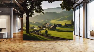 rural swiss train travel farmland window concept europa alpine alps beautiful blue cloud day destination european field green hill holiday idylli landscape lucerne mount mountain nature Wall mural