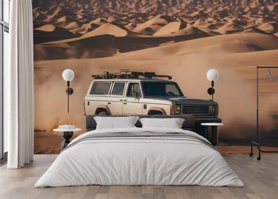 safari desert wilderness jeep offroad dune dubai drive dakar car sand sunset emirate arabia sahara journey terrain hot evening sturdy heat dry rallying tour tourism extreme adrenalin fun Wall mural