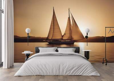 sailing yacht sailboat sunset toned sepia lifestyle travel luxury sail ship sea ocean wave boat wind summer sunrise horizon evening tour Wall mural