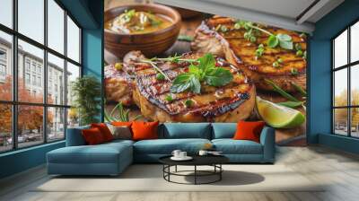 Savory grilled pork chops smothered in a sticky tamarind and ginger glaze, garnished with fresh herbs, evoking a tropical twist on a classic meat dish. Wall mural