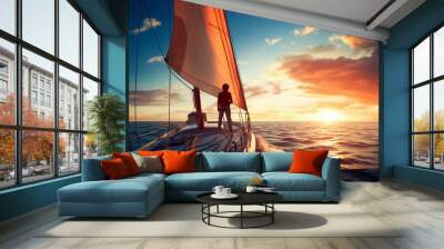 sea moving boat sailing deck sunset enjoying Couple adventure clear coast female gear group horizon lady line lover male man marin mast mile ocean recreation romantic rope sail sailboat sailor sky s Wall mural