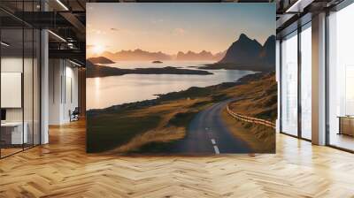 sea road time norway sunrise island lofoten mountain travel landscape norge scandinavia nature journey outdoors europa sky picturesque scenic summer nordic rock scenery coast Wall mural