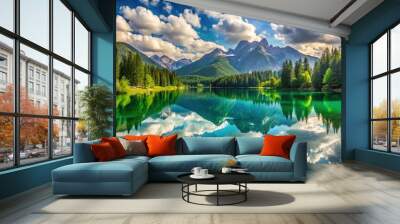 Serene alpine lake surrounded by lush green forest and majestic mountains, reflected in calm turquoise water under a warm sunny sky with fluffy white clouds. Wall mural