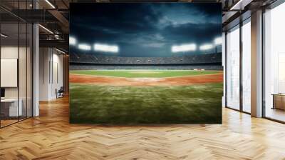 Space Copy Stadium Outdoor Field Baseball sport plate mound softball crowd fan spotlight illuminated game match arena grass dirt clay competition background turf league no people bright Wall mural