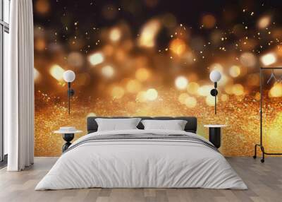 sparkle shiny gold glow dark party background effect background galaxy black light focused christmas glitter texture luxury vintage brown night glistering blurry gold abstract dark lights dust star Wall mural