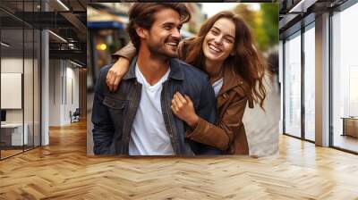 street city outdoors walking love couple young Beautiful male human relationships people caucasian female romance happy woman man together romantic lifestyle urban togetherness adult boyfriend Wall mural