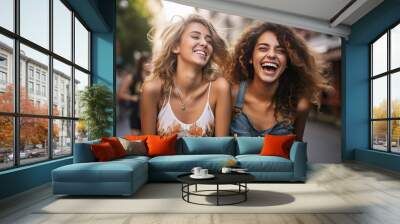 street fun having women Beautiful woman friends young happy summer portrait people smiling joy walking racism adult girl teenage couple lesbian pretty friendship 2 together youth lifestyle Wall mural