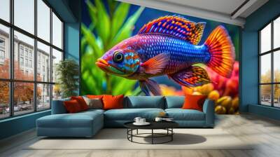 Stunning Amatitlania Nigrofasciata Fish Swimming Gracefully in a Vibrant Freshwater Aquarium Setting Wall mural