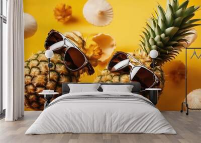 summer beach up copy idea background sunglasses design yellow vacation pineapple shell space Creative close pattern looking Wall mural