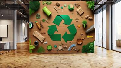 symbol material background green container sigh reusing eco symbol top environment view reduction Eco save waste concept environmental plastic pollution garbage rec table recycling consumer concept Wall mural