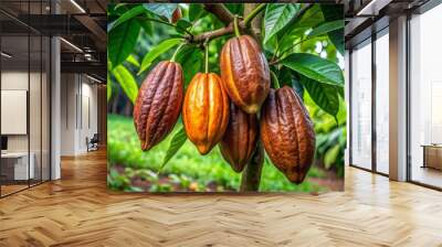 The brown cocoa plant stands tall, its large, oval-shaped leaves a vibrant green, while small, brown pods grow Wall mural