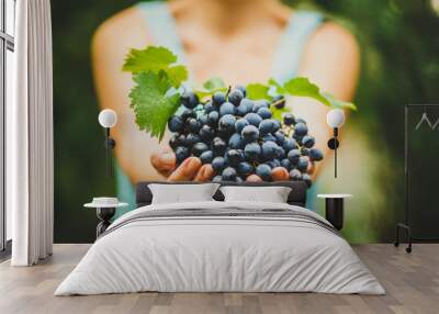 the girl is holding a fresh juicy ripe grapes Wall mural