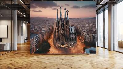 time Barcelona skyline familia Panorama Aerial dusk city Spain view Sagrada Sky Travel Landscape Building Architecture Blue Sunset Vacation Modern Lights Night Sunrise Eur Wall mural