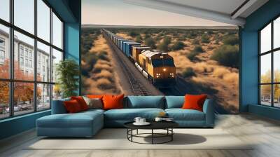 train cargo tracks many side sky containers area desert blue green it clouds few bushes generative yellow grass ai field road outdoors railway cloud vehicle track nature water Wall mural