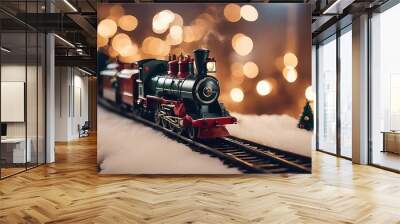 train christmas town coming eve steam locomotive winter present santa engine railway old railroad rail transport transportation vintage track travel station smoke retro Wall mural