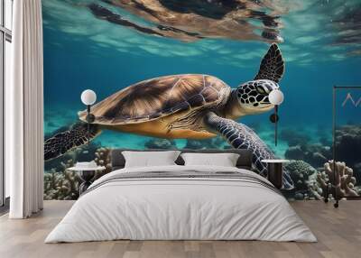 turtle reef swimming sea coral underwater ocean fish tropical marin red blue animal background nature panorama water life panoramic wild colourful diving aqualung wildlife colours environment hawaii Wall mural