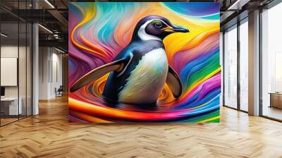 Vibrant abstract penguin form materializes from chaotic swirl of colors, dynamic shapes, and textures, evoking a sense of playful energy and creative explosion. Wall mural