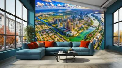 Vibrant aerial view of Miami's urban landscape, featuring a large city map overlay, highlighting iconic streets, waterways, and neighborhoods in bold colors and crisp detail. Wall mural