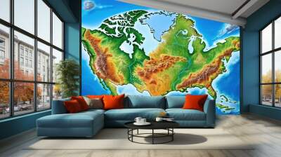 Vibrant colorful physical map of North America continent showcasing mountain ranges, rivers, lakes, oceans, and country borders with precise geographical details and shaded relief. Wall mural