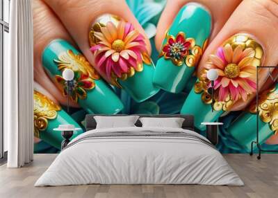 Vibrant floral nails with multi-colored petals and golden accents on a turquoise background, showcasing intricate details and creative nail artistry for beauty and fashion enthusiasts. Wall mural