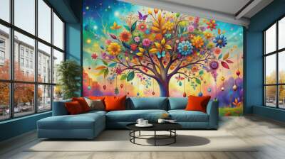 Vibrant floral tree with multicolored leaves on hanging branches set against a whimsical illustration background, evoking a sense of playful fantasy and joyful wonder. Wall mural