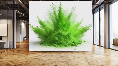 Vibrant green powder sits isolated on a pure white background with a dynamic green splash effect, evoking a sense of freshness and natural energy. Wall mural