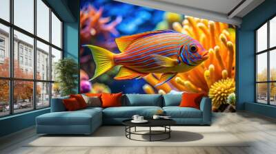 Vibrant orange tropical fish with blue and yellow stripes, swimming near coral reef, ocean waves gently undulating in the sunny aquatic background. Wall mural