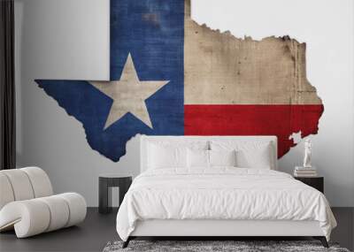 Vibrant Texas flag waving fabric texture overlays the Lone Star State's map outline, creating a patriotic and rustic visual effect on a crisp white background. Wall mural