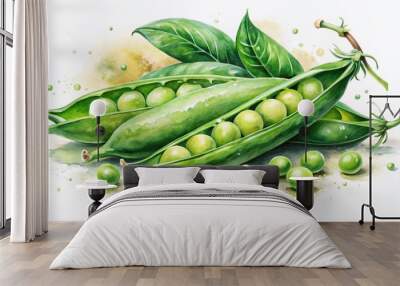 Vibrant watercolor illustration of fresh green peas bursting out of a delicate pod, set against a soft white background with subtle texture and gentle shading. Wall mural