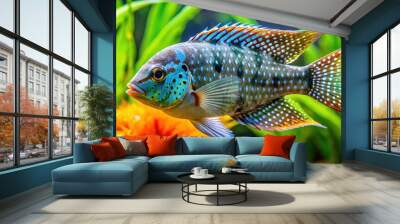 Vibrant white-spotted cichlid fish swims amidst lush green aquatic plants in a tranquil freshwater aquarium, showcasing its striking coloration and intricate fin details. Wall mural