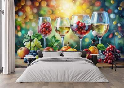 Watercolor Wine Glasses & Fruit Bokeh Art Wall mural