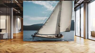 white big hoisted sail mast boat yacht detail leisure summer recreation yachting sailboat ship wind blue background cruise nautical travel rope transport lifestyle marin sky extreme part Wall mural