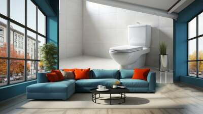 White modern toilet with sleek design and chrome handle sitting on light gray tile floor in a clean and minimalist bathroom with white walls. Wall mural