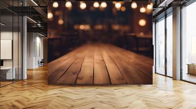 wood bright drink tabletop lights background Empty counter table top wooden cafes business shop surface desk hot perspective blurred bokeh eatery restaurant display blurry decoration bar dark blu Wall mural