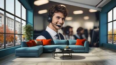 young operator headset smile client friendly phone call centre operator male service male smiling phone call agent people receptionist handsome desk contact help suppor Wall mural