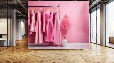 pink trendy closet, bright Fashion clothes on pink wall background. Many pink dresses hanging on the rail ready for shopping
 Wall mural