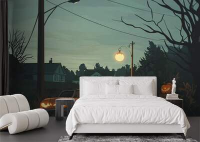 halloween night scene landscape, cartoon design, graphic illustration Wall mural