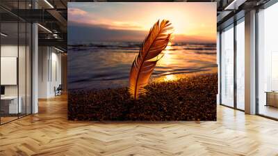 bird feather on the sea shore at sunset Wall mural