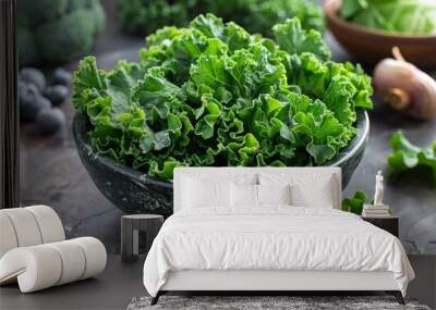 food bowl with kale, a superfood leaf vegetable, on a natural wooden table Wall mural