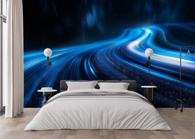 swirling blue neon light waves in abstract digital space Wall mural