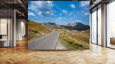 Winding road through mountain landscape under blue sky. Durmitor National Park. Montenegro Wall mural