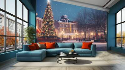  Christmas Tree Lighting Up Historic Gettysburg Town Square at Night - Winter Travel and Tourism Stock Image Wall mural