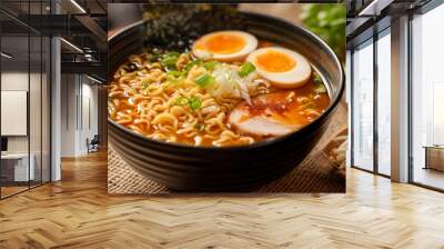  romatic ramen bowl, a steaming symphony of flavors. Thin noodles entwined in savory broth, adorned with vibrant veggies and succulent slices of meat. A gastronomic journey in a humble bowl Wall mural